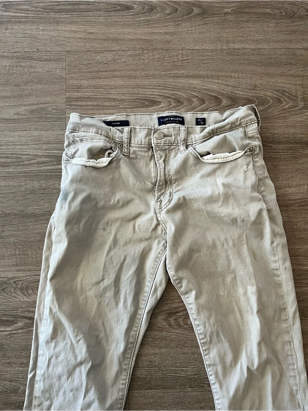 Lucky Brand 121 Slim Khaki Jeans Mens 33x30 Tan Stretch Denim Pants Distressed